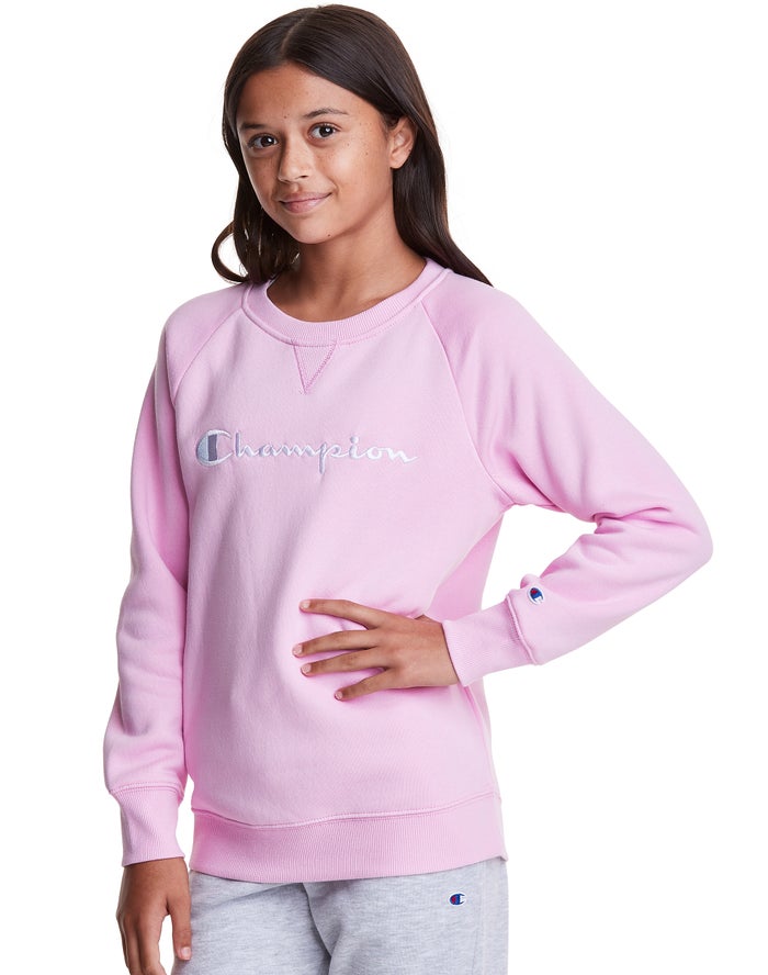 Champion Girls Hoodie NZ - Fleece Crew Script Logo Pink ( 9368-BXFWI )